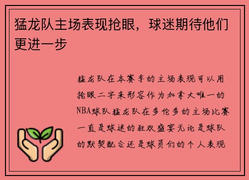 猛龙队主场表现抢眼，球迷期待他们更进一步
