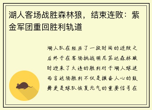 湖人客场战胜森林狼，结束连败：紫金军团重回胜利轨道